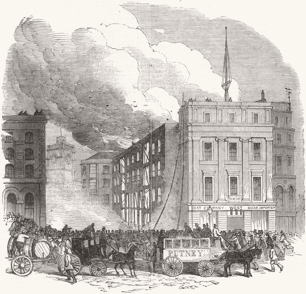 LONDON. Distructive fire, Tooley St, Southwark,  1851 old antique print