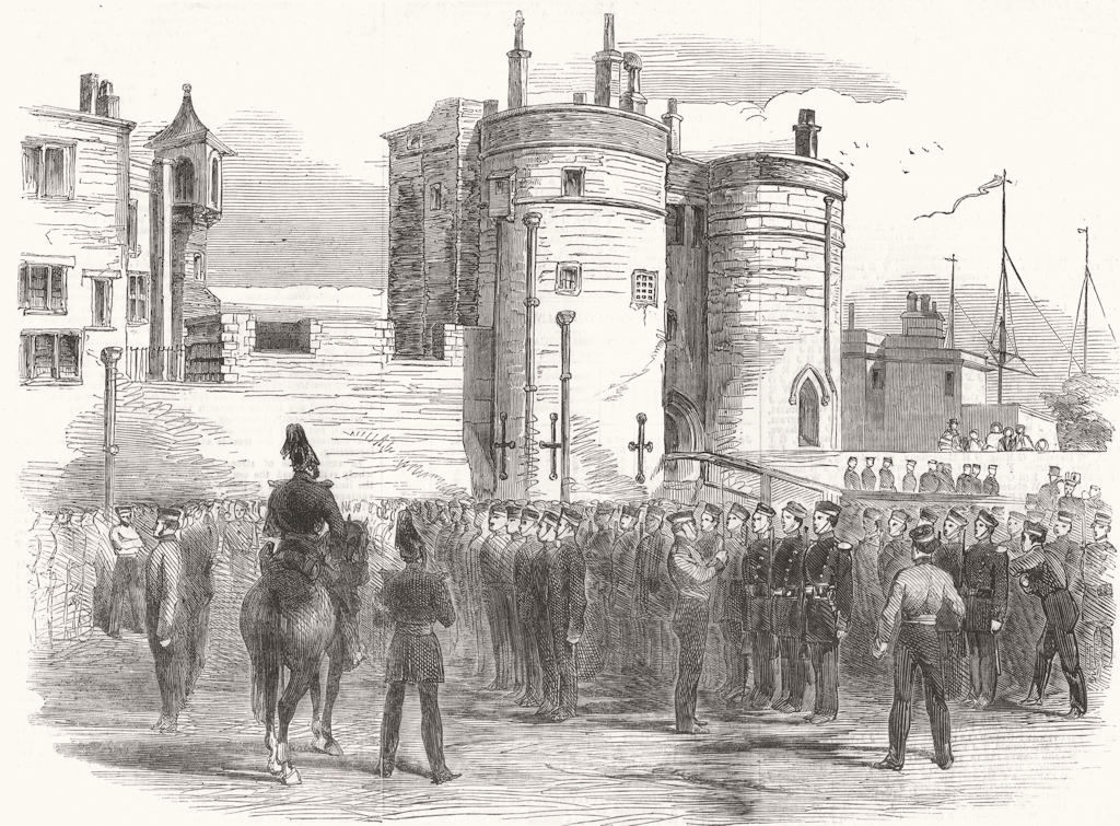 LONDON. Inspection of Essex Militia, Tower of London 1854 old antique print