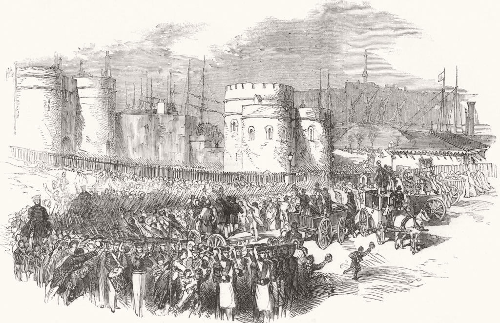 SECULAR BUILDINGS. Grenadier Guards leaving tower,  1854 old antique print
