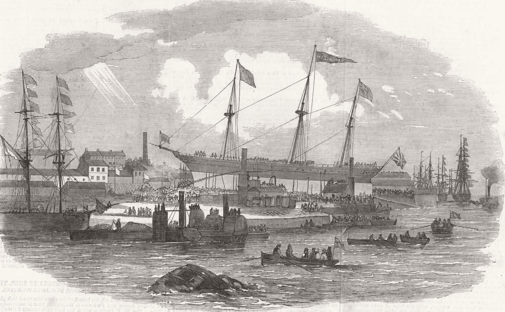 NORTHUMBERLAND. Ship launch, Willington, Newcastle-on-Tyne 1852 old print
