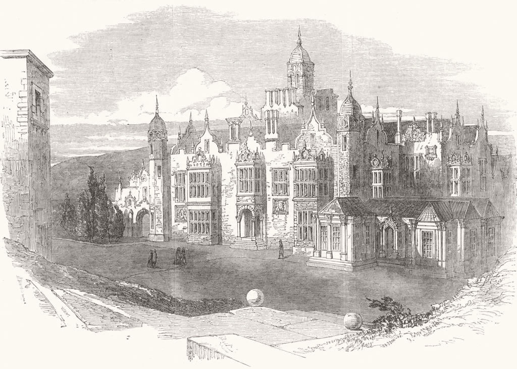 Harlaxton House, near Grantham, under construction. Lincolnshire 1853 print