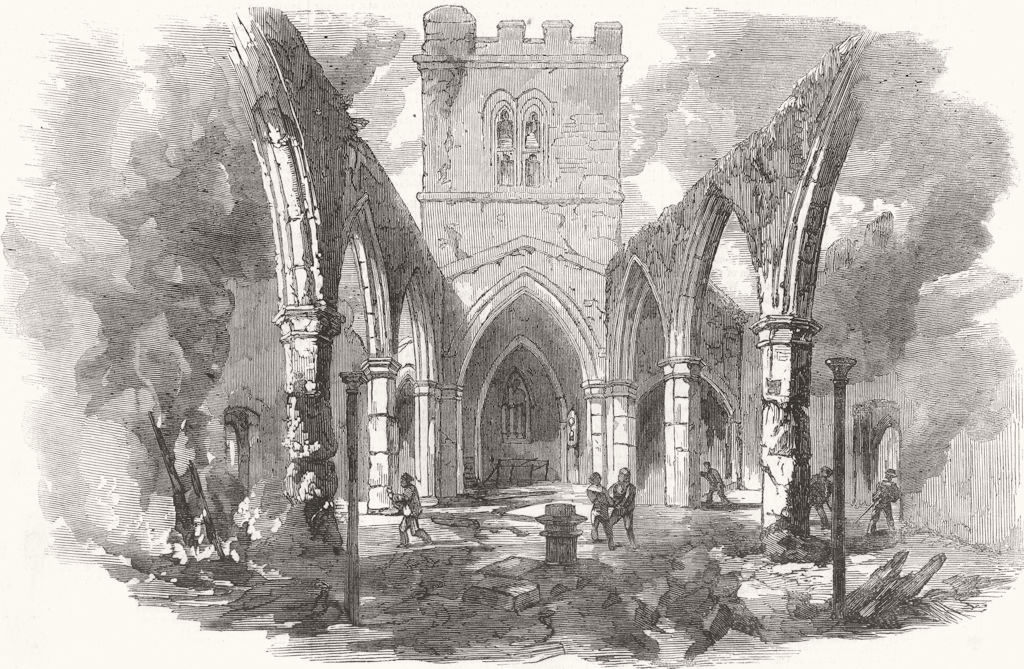 Associate Product WALES. Remains of Hawarden Church, after recent fire 1857 old antique print
