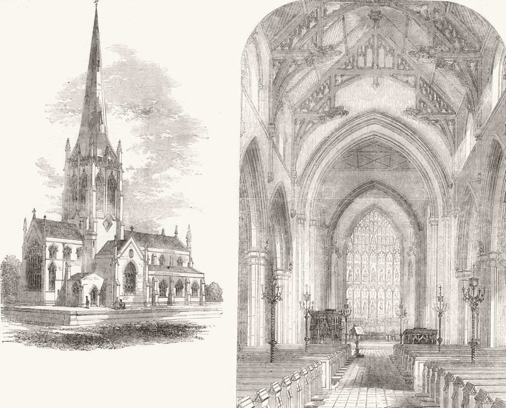 LINCS. St Margarets Church nr Altringham, Knutsford 1856 old antique print