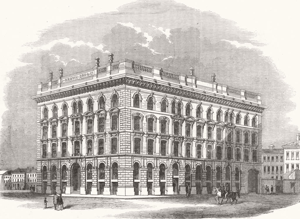 LANCS. Warehouses built for Brown & Co, Manchester 1853 old antique print