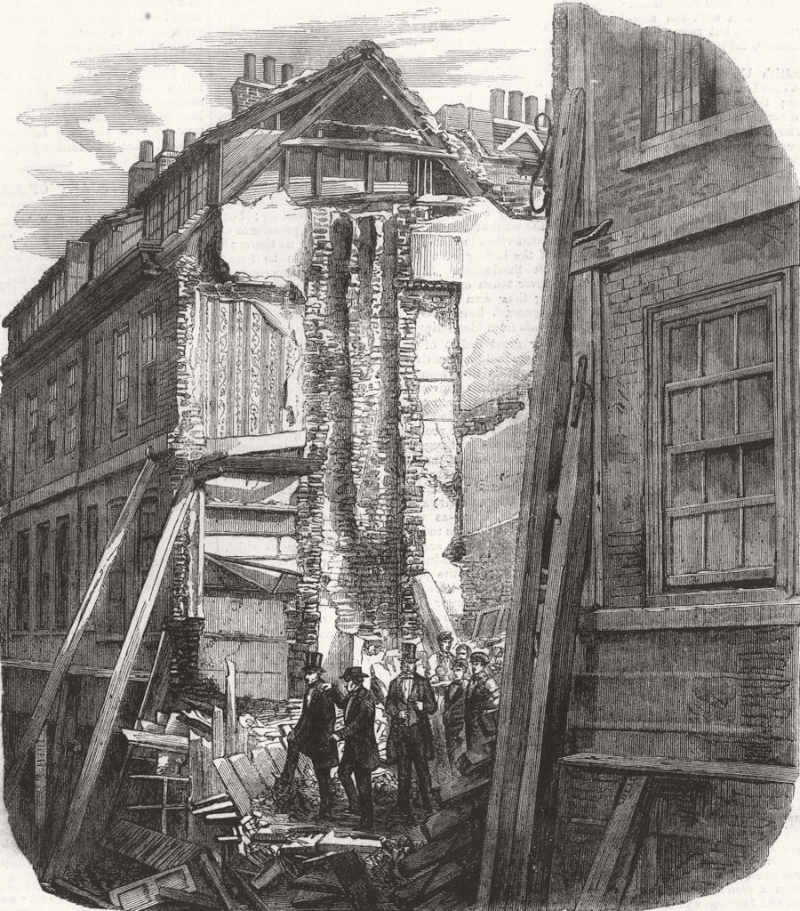 LONDON. Ruins of fallen houses, Pilgrim St, city 1858 old antique print