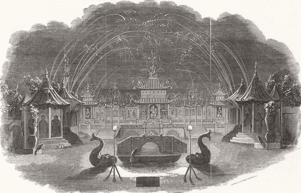 LONDON. Firework temple at Vauxhall 1845 old antique vintage print picture