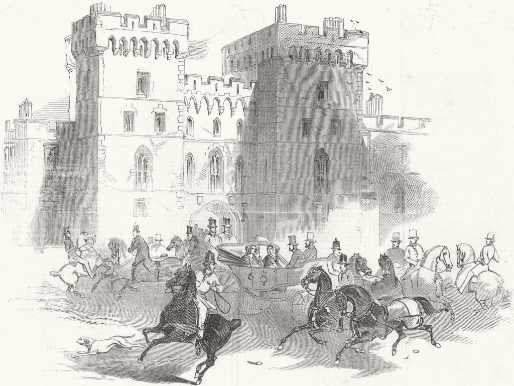 BERKS. Queen leaving Windsor Castle for Ascot races 1845 old antique print