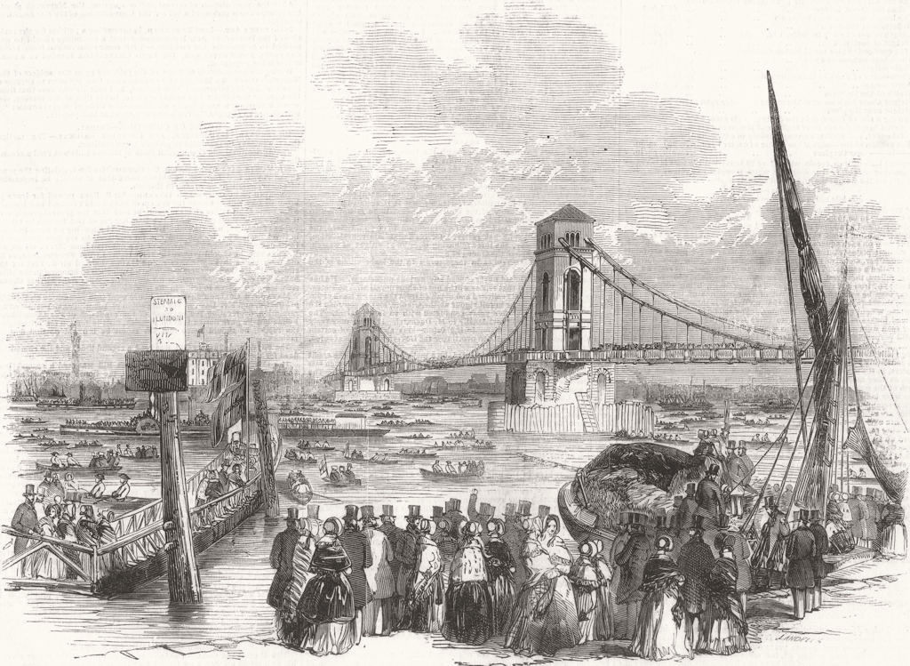 Associate Product LONDON. Opening of Hungerford Suspension Bridge 1845 old antique print picture