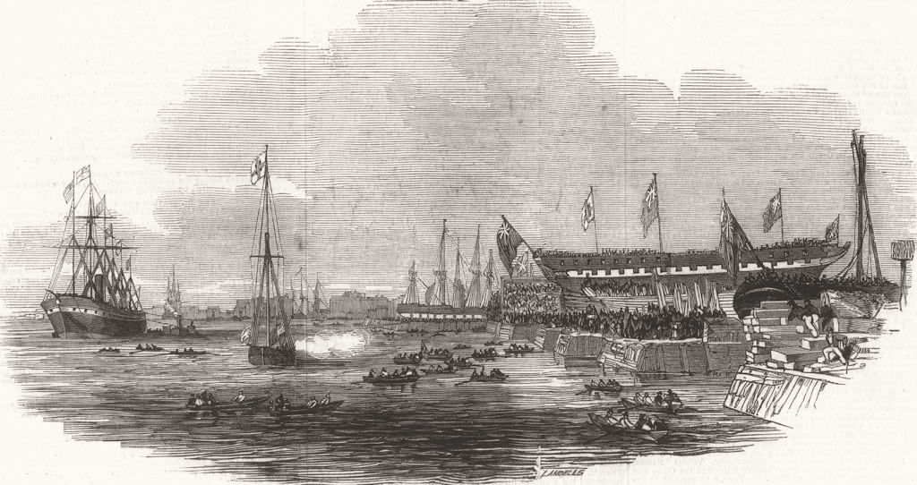 LONDON. Launch of the Alfred Indiaman, at Blackwall 1845 old antique print