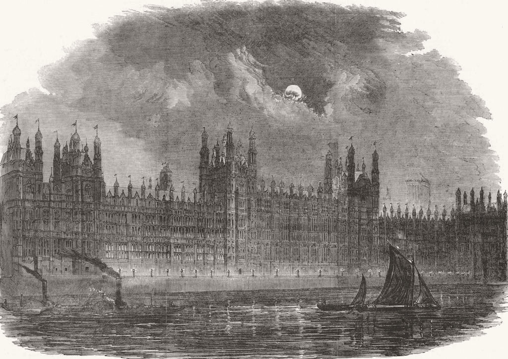 LONDON. The new Houses of Parliament-river front 1852 old antique print