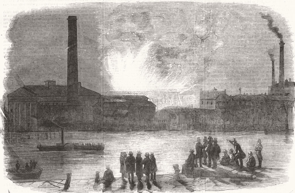 LONDON. fire at Vauxhall Station, seen from Millbank 1856 old antique print
