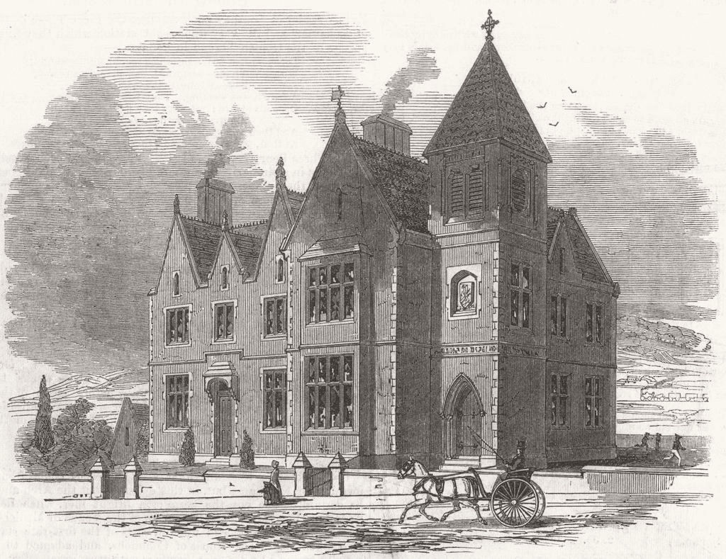 DERBYS. New free grammar school, at Chesterfield 1846 old antique print