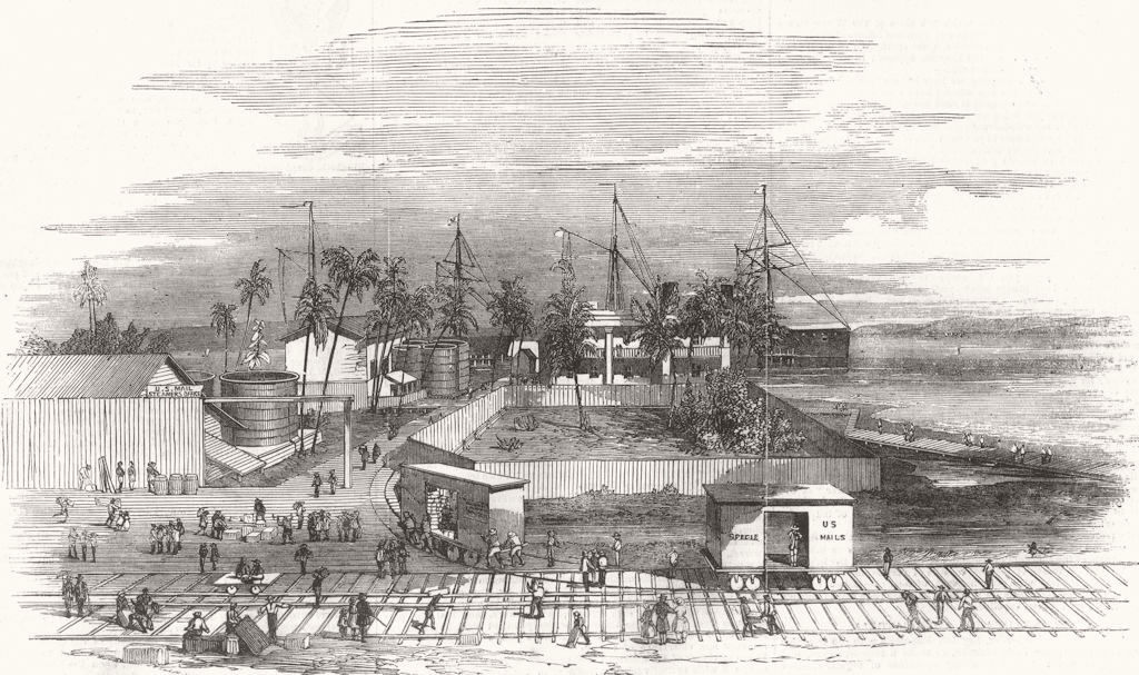 Associate Product PANAMA. US mail steam-ship Cos premises, Colon 1855 old antique print picture