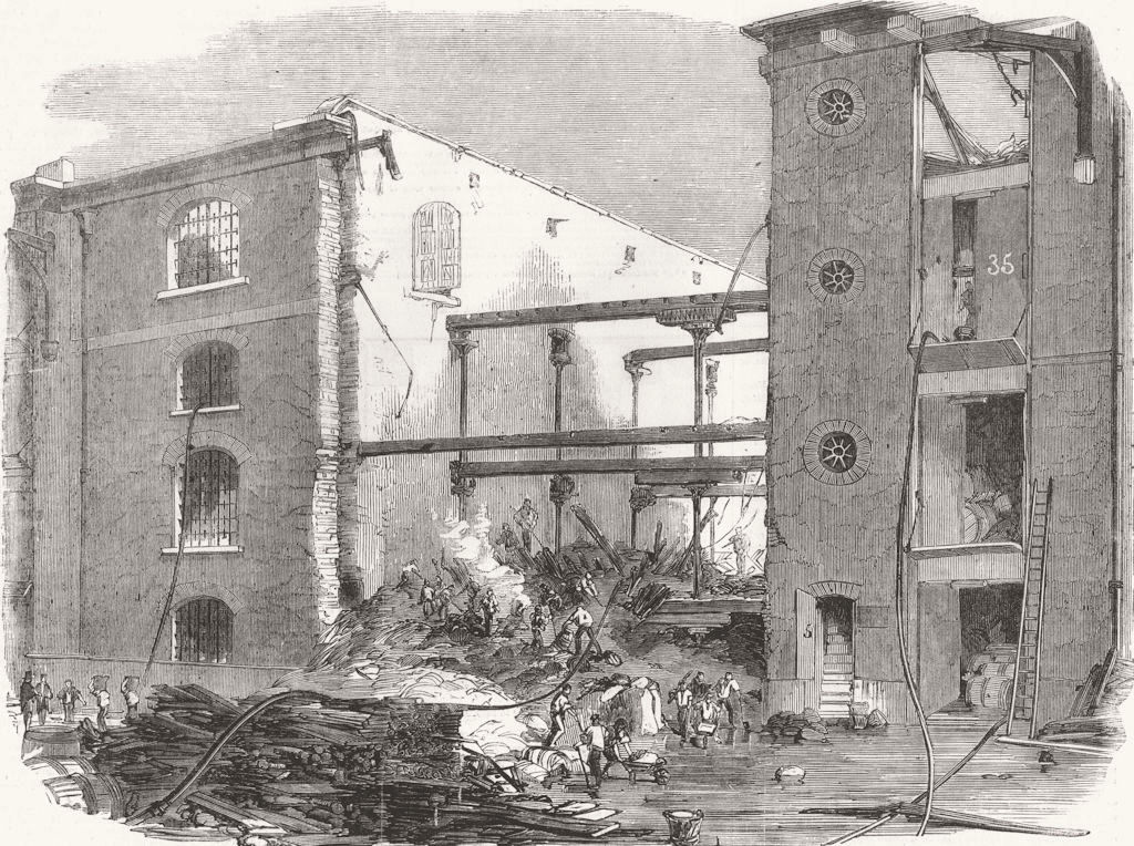 LONDON. Ruins of the late fire at the London Docks 1858 old antique print