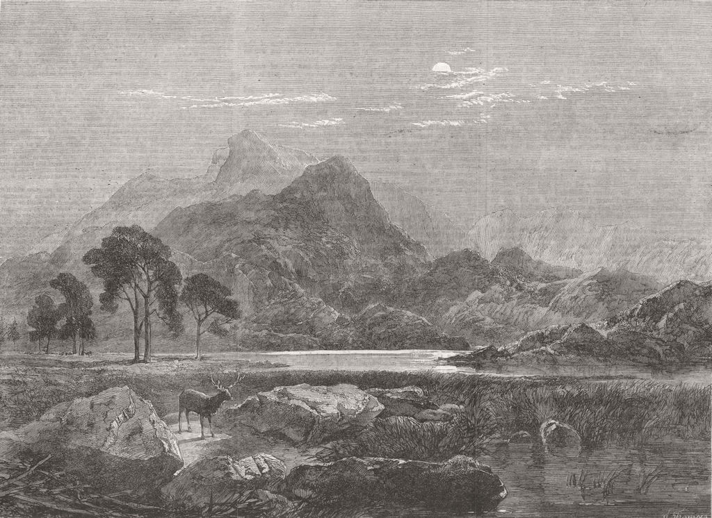 SCOTLAND. “Loch Ericht-a bright night, ” 1864 old antique print picture
