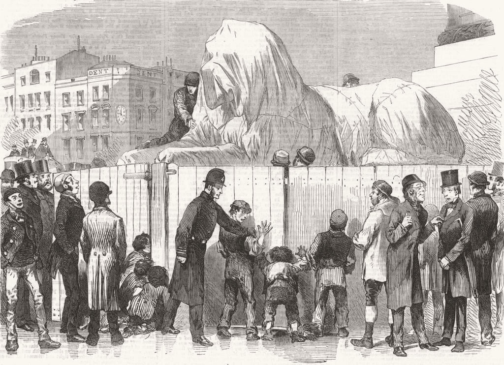 LONDON. New Lion, Nelson's Column, Trafalgar-Square 1867 old antique print