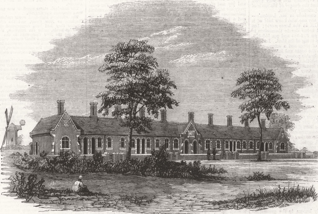NORFOLK. Almshouses at old Buckenham, Attleborough 1861 antique print