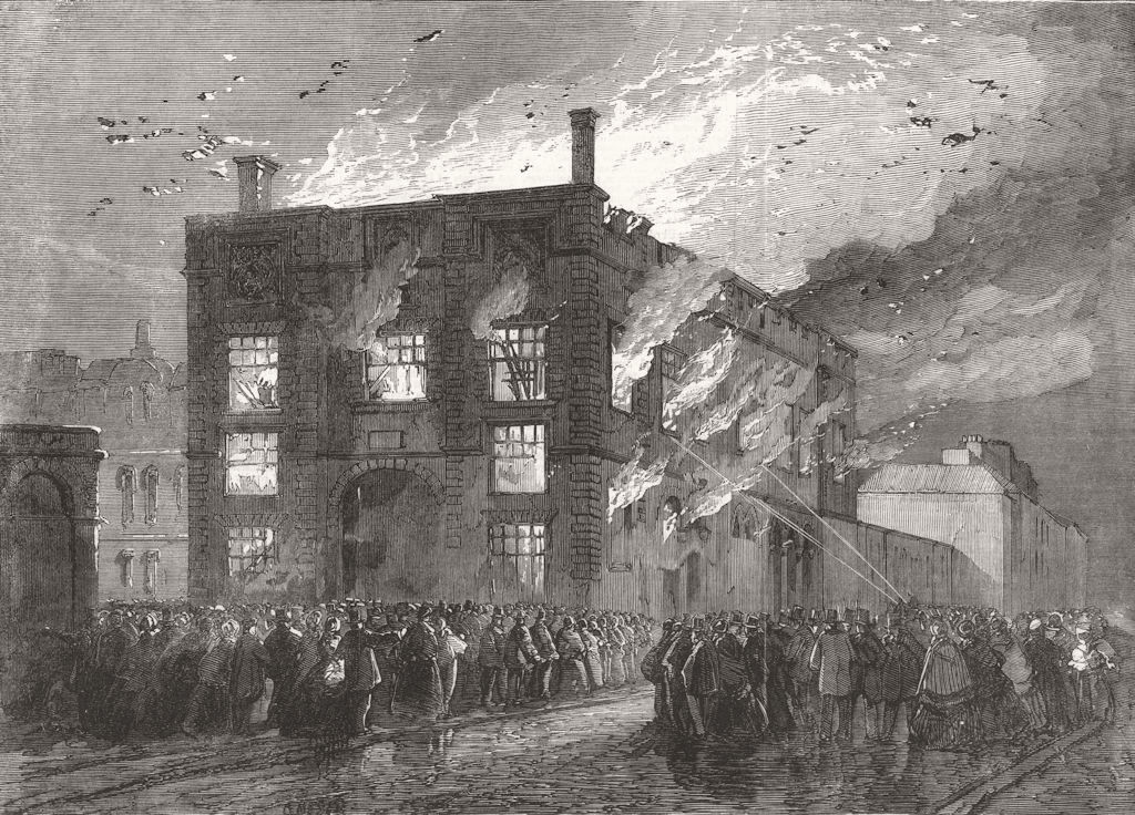 Associate Product CHESHIRE. The Fire at the Townhall, Chester 1863 old antique print picture