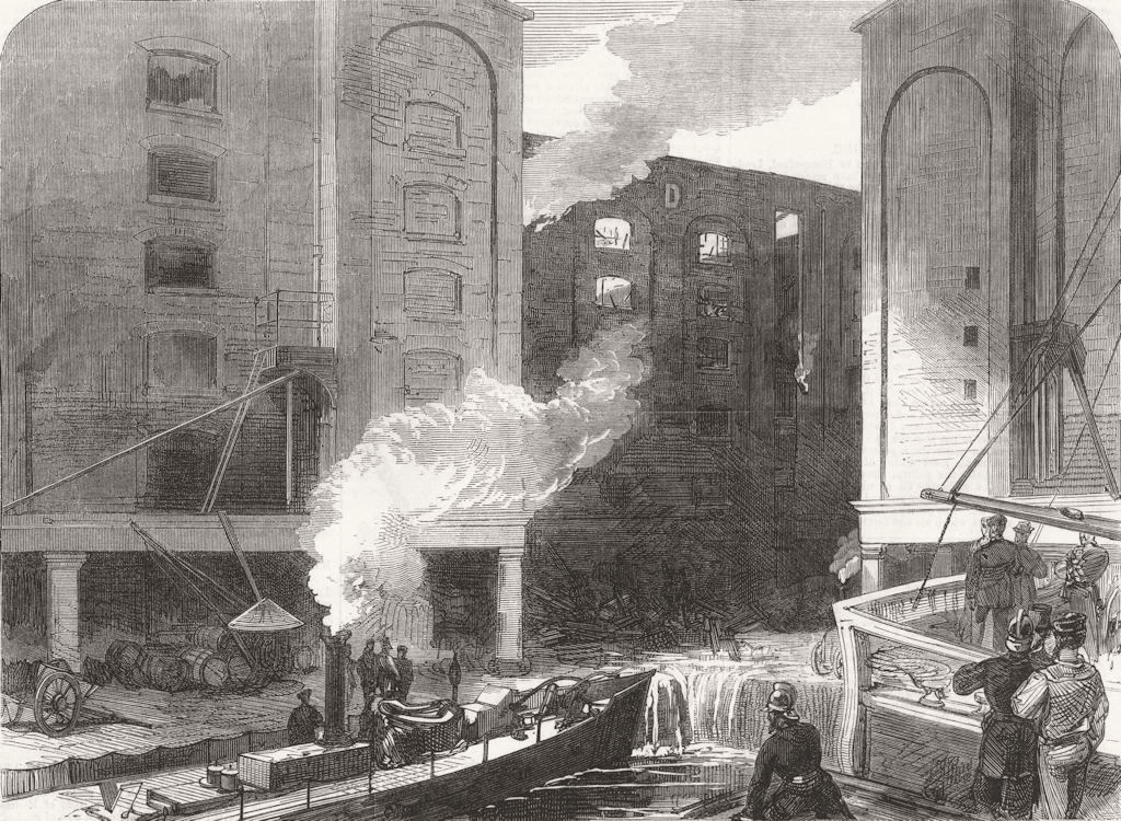 LONDON. fire at St Katherine Docks 1866 old antique vintage print picture