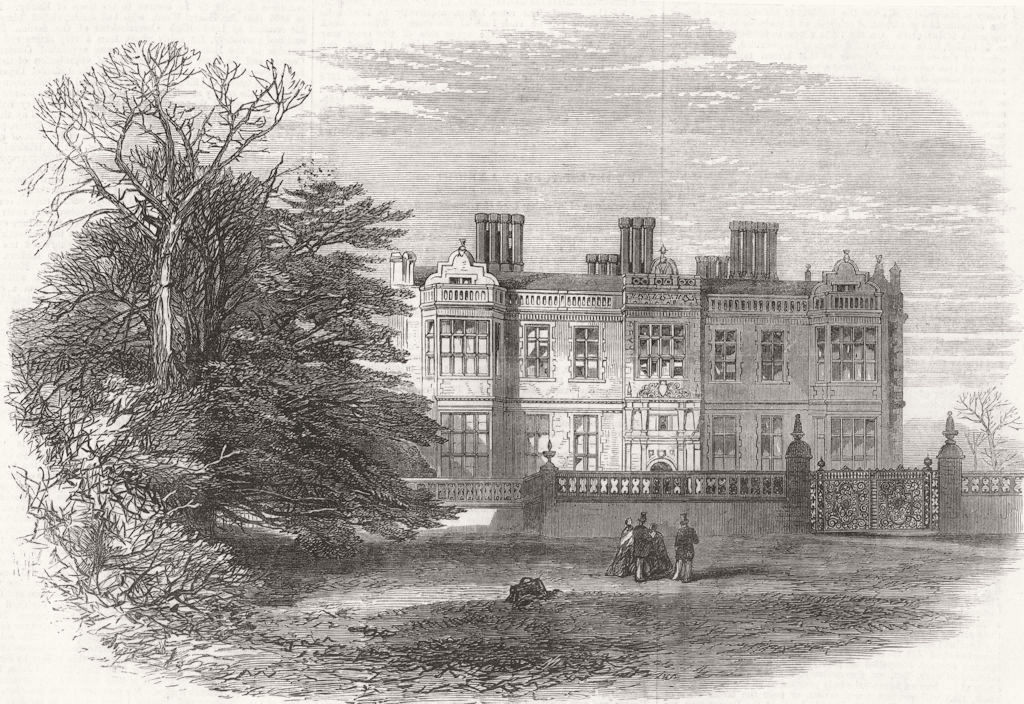 CHESHIRE. Crewe Hall, Cheshire, burnt down 1866 old antique print picture