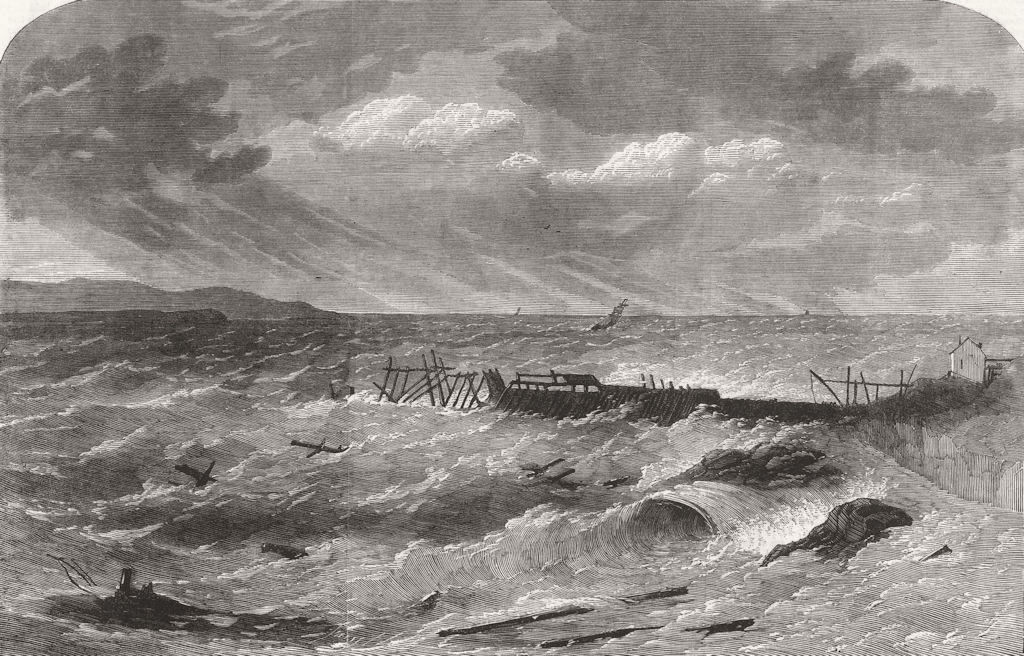 ISLE OF MAN. Douglas breakwater, storm damage 1865 old antique print picture