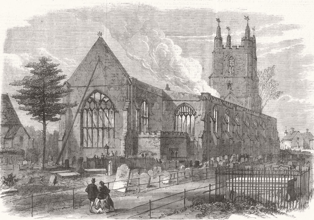 SURREY. Ruins of Croydon Church, burnt down 1867 old antique print picture
