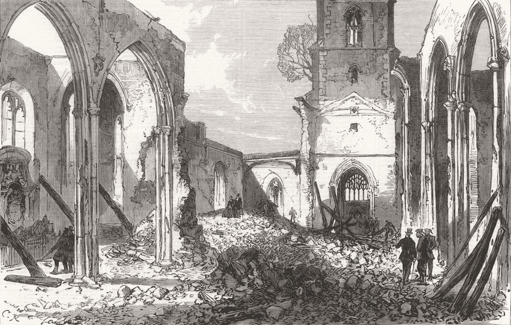 SURREY. St Johns Church ruins, Croydon, burnt down 1867 old antique print