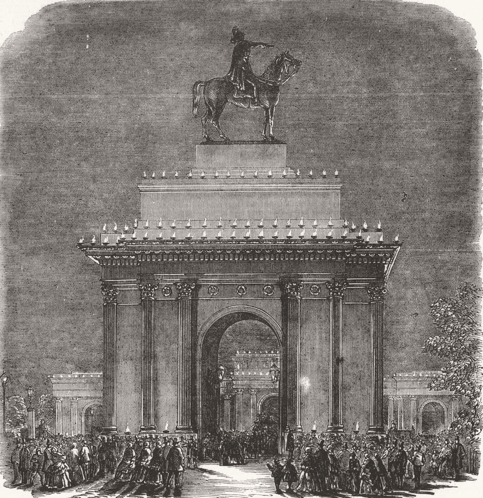 Associate Product LONDON. Crimean War. Peace lights-Green Park Arch 1856 old antique print