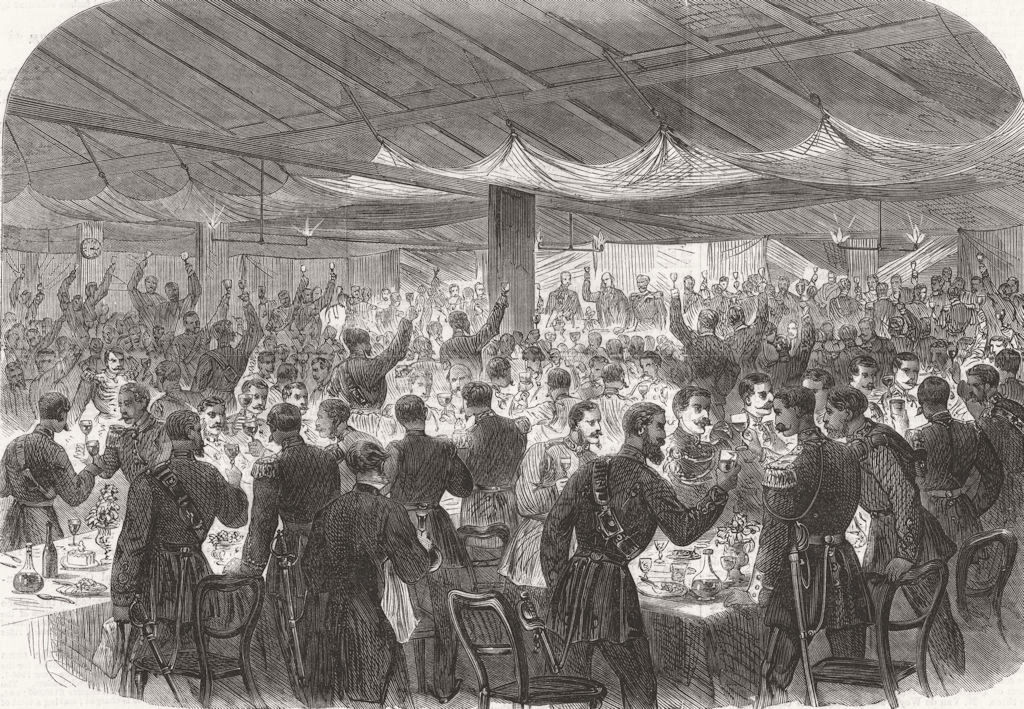 LONDON. Wimbledon Rifle mtg. Belgian visitors dinner 1866 old antique print