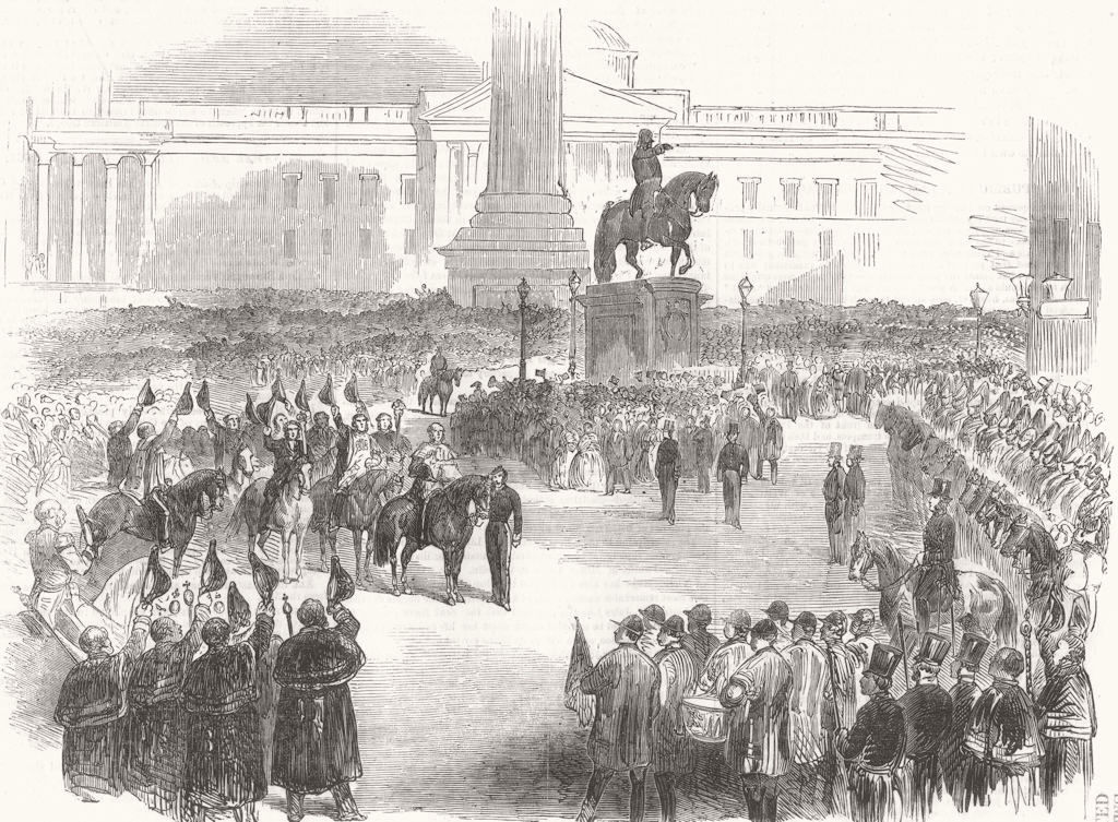 LONDON. Crimean War peace Proclamation, Trafalgar Sq 1856 old antique print