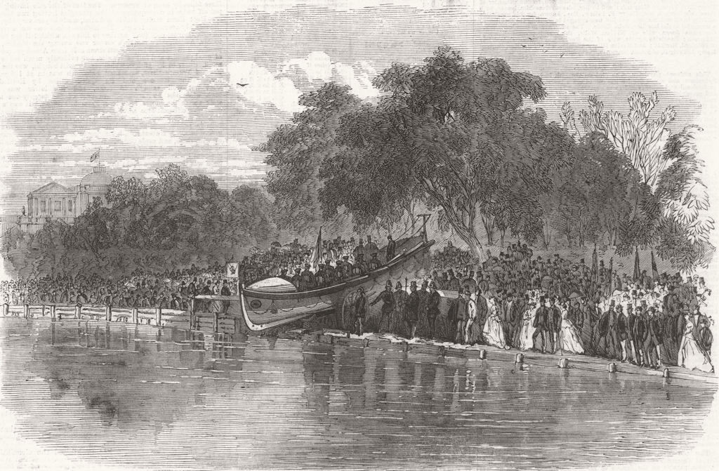 GLOS. Launch of the Cheltenham Life-Boat 1866 old antique print picture