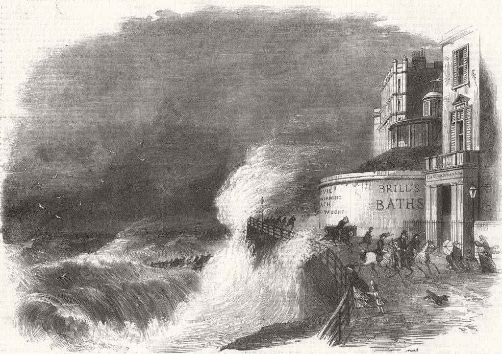 A heavy sea at Brighton, Sussex 1858 old antique vintage print picture