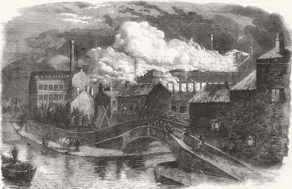 NOTTINGHAMSHIRE. Hosiery Factory on fire, Nottingham 1859 old antique print