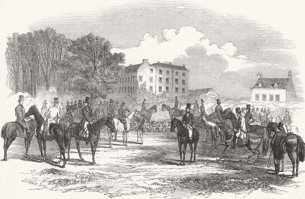 BERKS. Meet of The Queens Buckhounds, Salt Hill 1847 old antique print picture