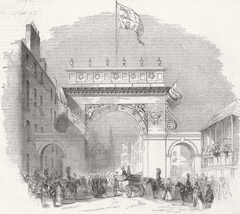 Queen Victoria's entrance into the city of Perth, Scotland 1842 old print
