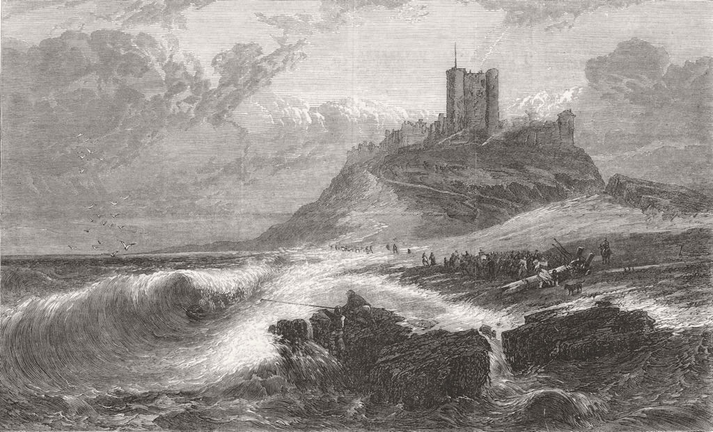 NORTHUMBS. Bamburgh Castle-a signal of distress 1866 old antique print picture