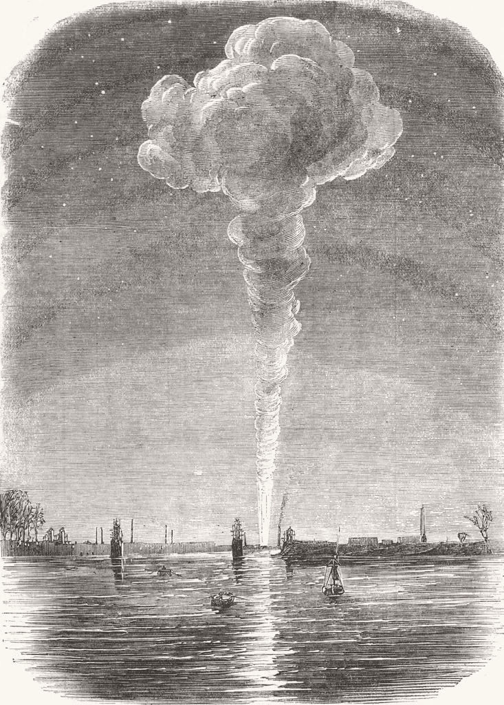 LONDON. Vauxhall Station, fire, from Battersea Bridge 1856 old antique print