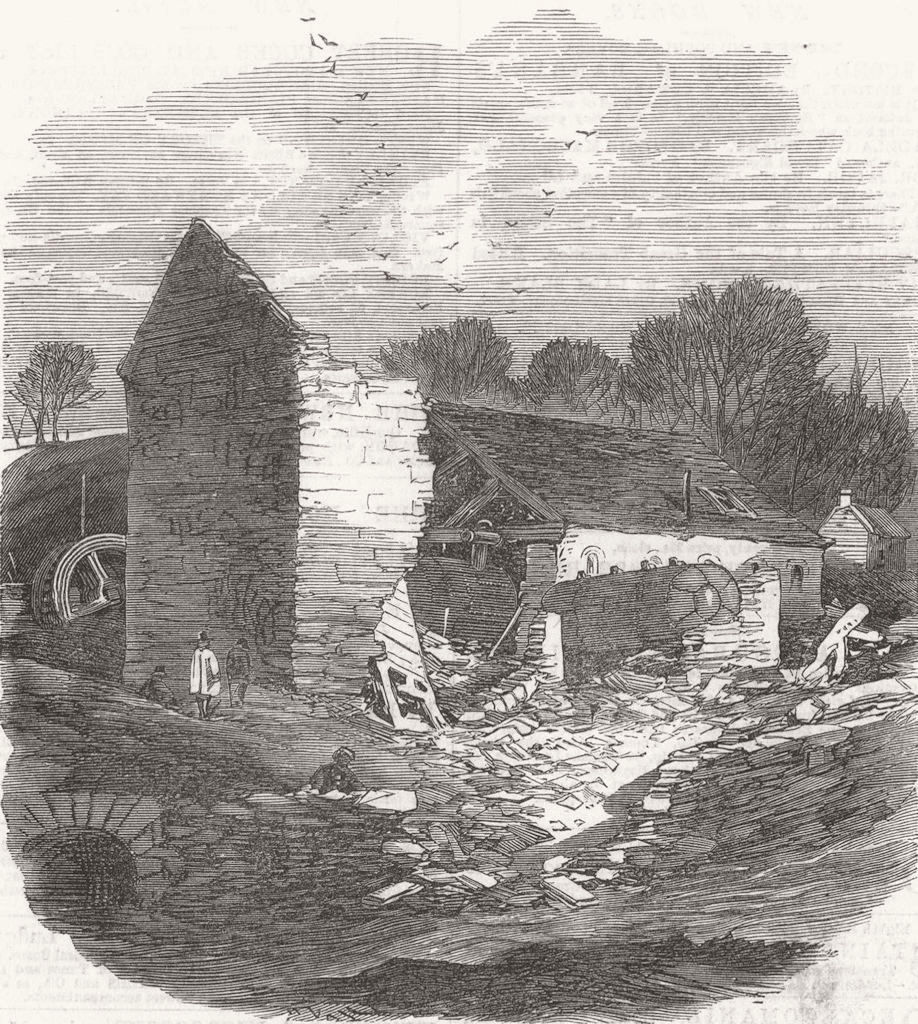 Associate Product YORKS. Sheffield floods. Mill remains, Malin Bridge 1864 old antique print