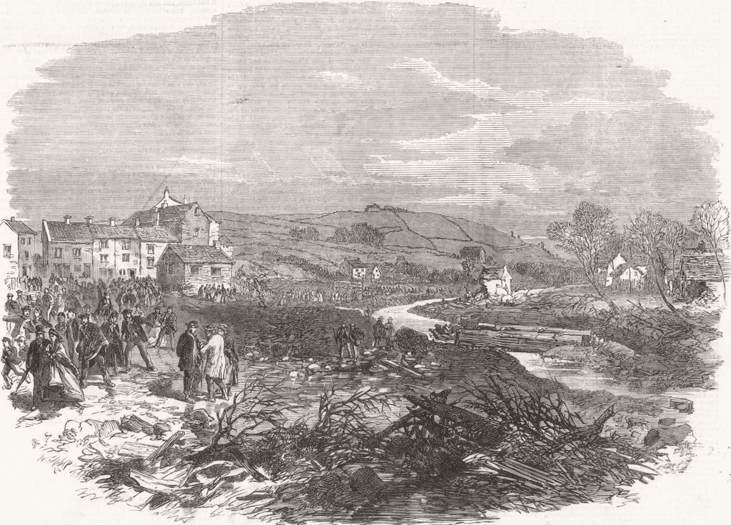 YORKS. village of Bradfield, nr Sheffield, floods 1864 old antique print