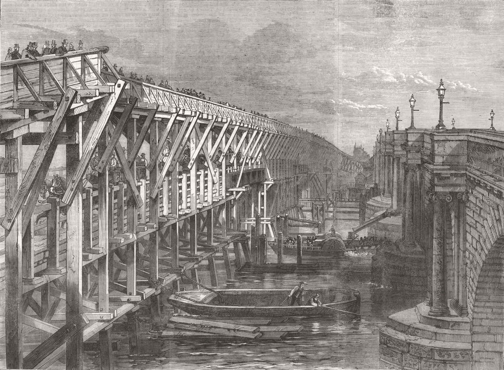 Associate Product LONDON. Temporary Bridge over Thames at Blackfriars 1864 old antique print