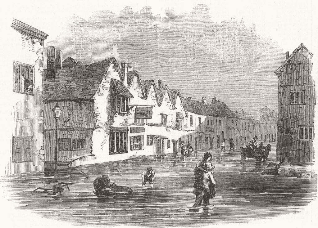 WILTS. Flood at Fisherton, Salisbury 1852 old antique vintage print picture