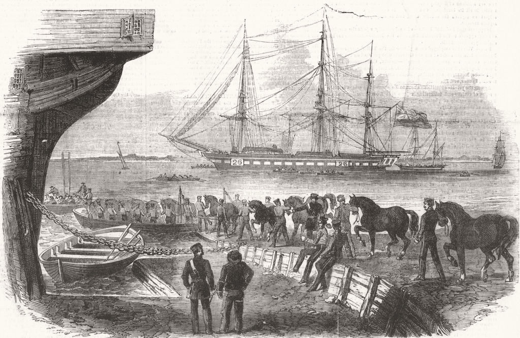 LONDON. Loading horses, Royal Dockyard, Woolwich 1855 old antique print
