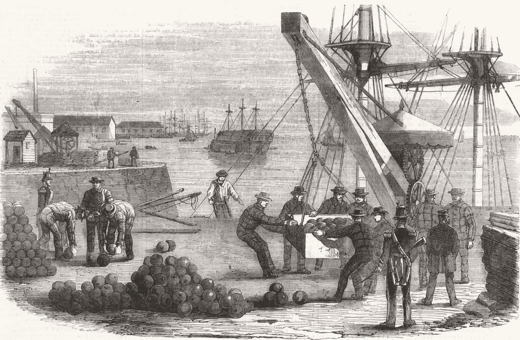 LONDON. Landing munitions, Royal Dockyard, Woolwich 1855 old antique print