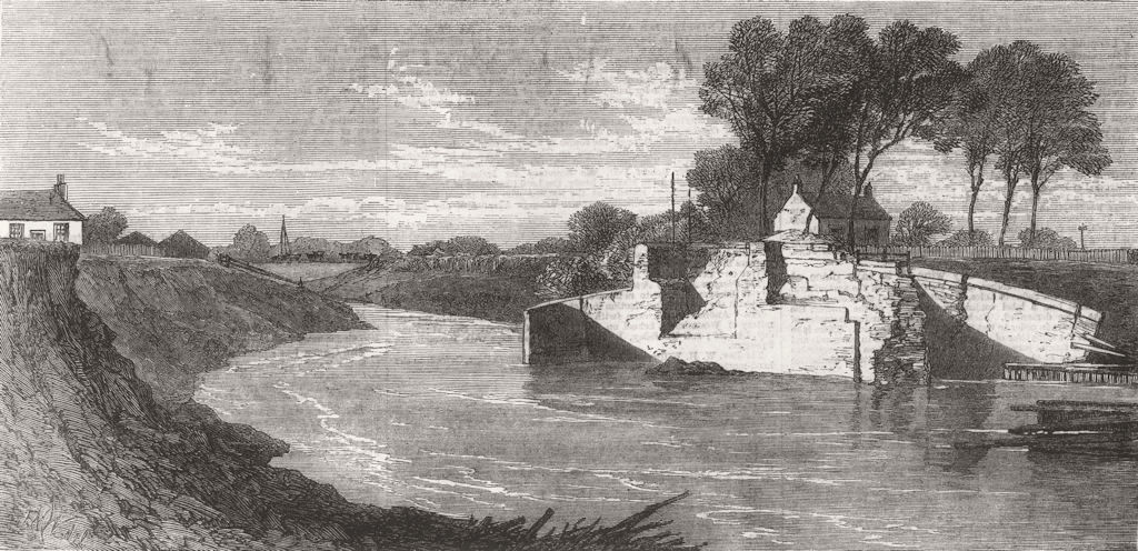 NORFOLK. Fen flood. blown sluice at Marshland Drain 1862 old antique print