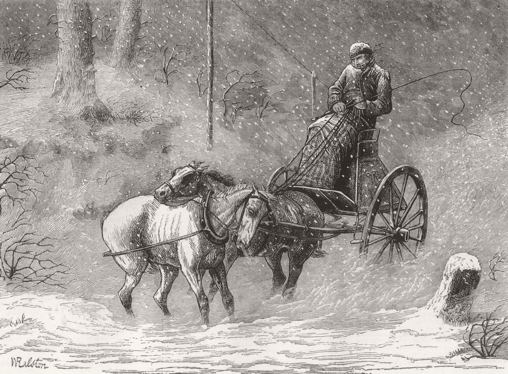 HORSES. Queen's Mail, Snowstorm 1872 old antique vintage print picture