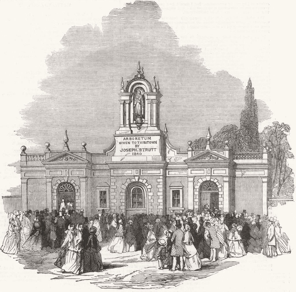 DERBYS. Fete, Arboretum, Derby-entry gateway 1854 old antique print picture