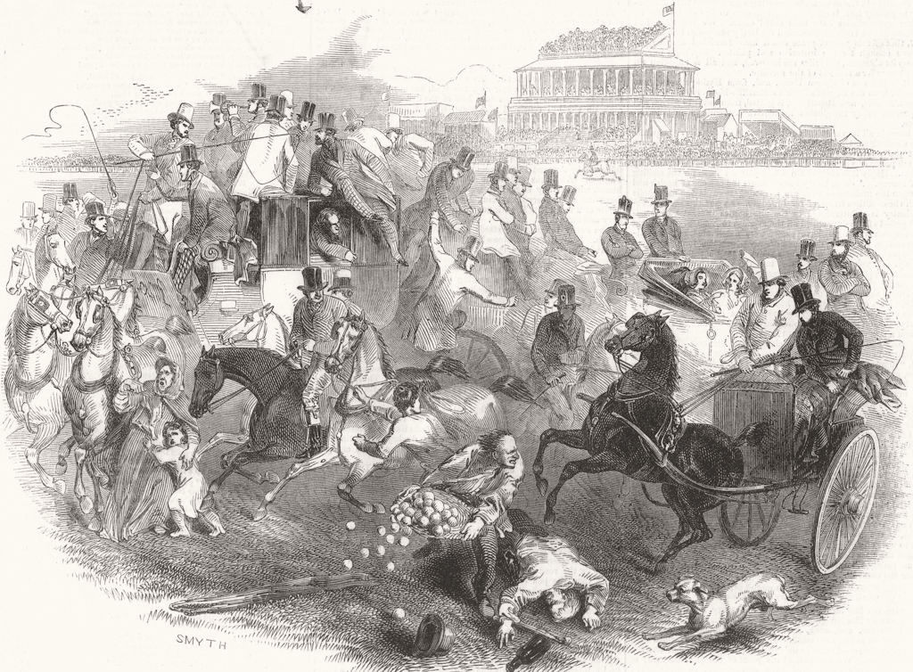 SURREY. Epsom Races-Derby Day-leaving course 1845 old antique print picture