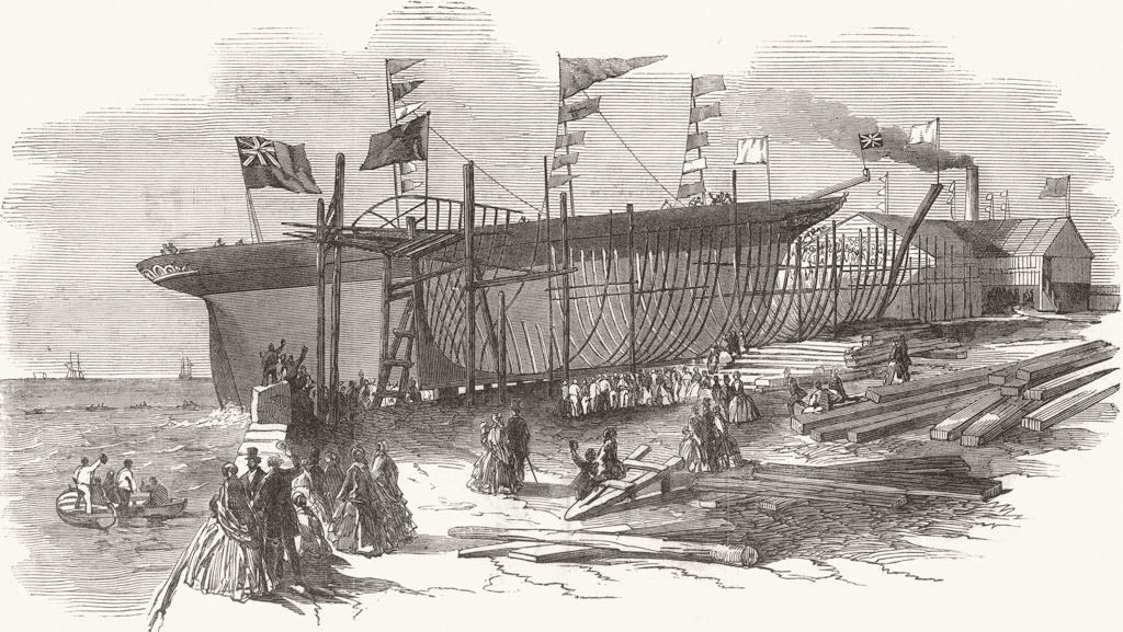 LANCS. Ship launch, Jordan & Getley's Yd, Liverpool 1851 old antique print