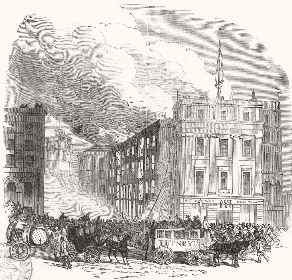 LONDON. fire, Tooley St, Southwark,  1851 old antique vintage print picture