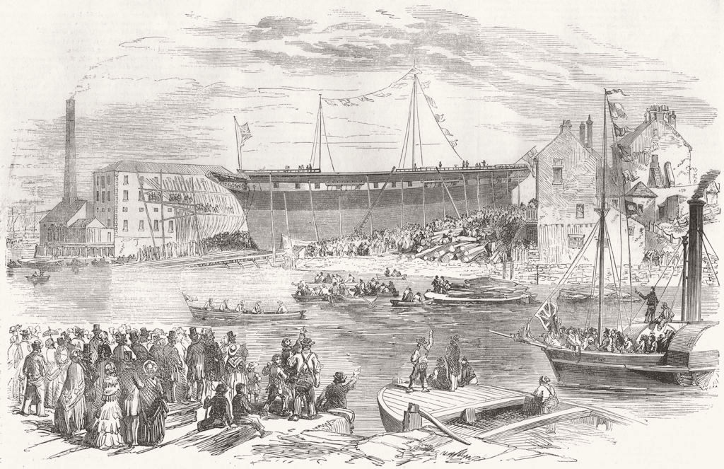 DURHAM. Largest ship launch, Sunderland 1855 old antique vintage print picture